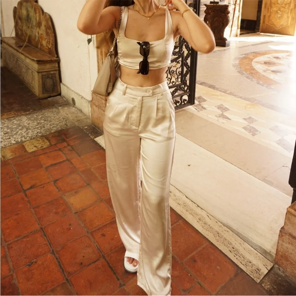 Princess Polly champagne silk trousers size 8 wide leg